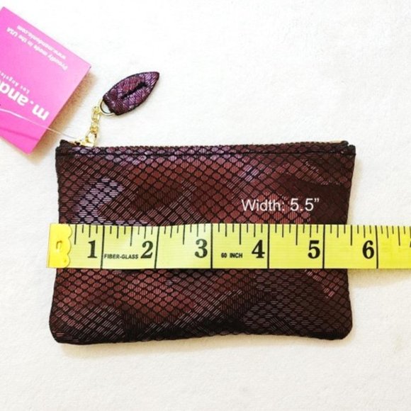 m. andonia Genuine Leather Mini Bag Pouch Grey Pink Red Metallic Zip Leaf Pull - Picture 9 of 11